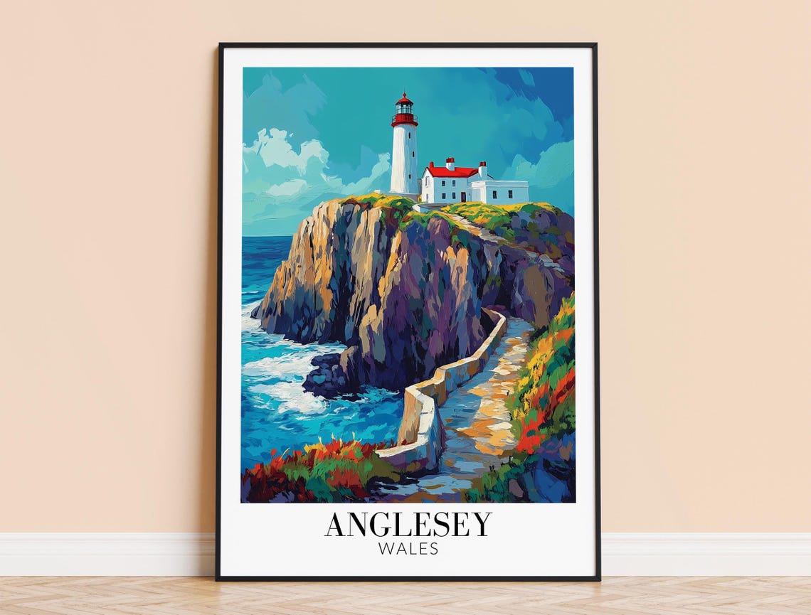 Anglesey Wales White Lighthouse on a Rocky Headland Travel Poster