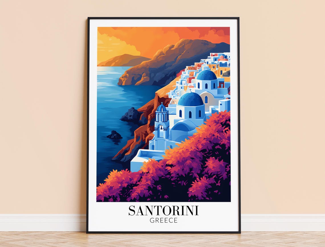 Santorini Greece Blue Dome Churches Oia Sunset Travel Poster