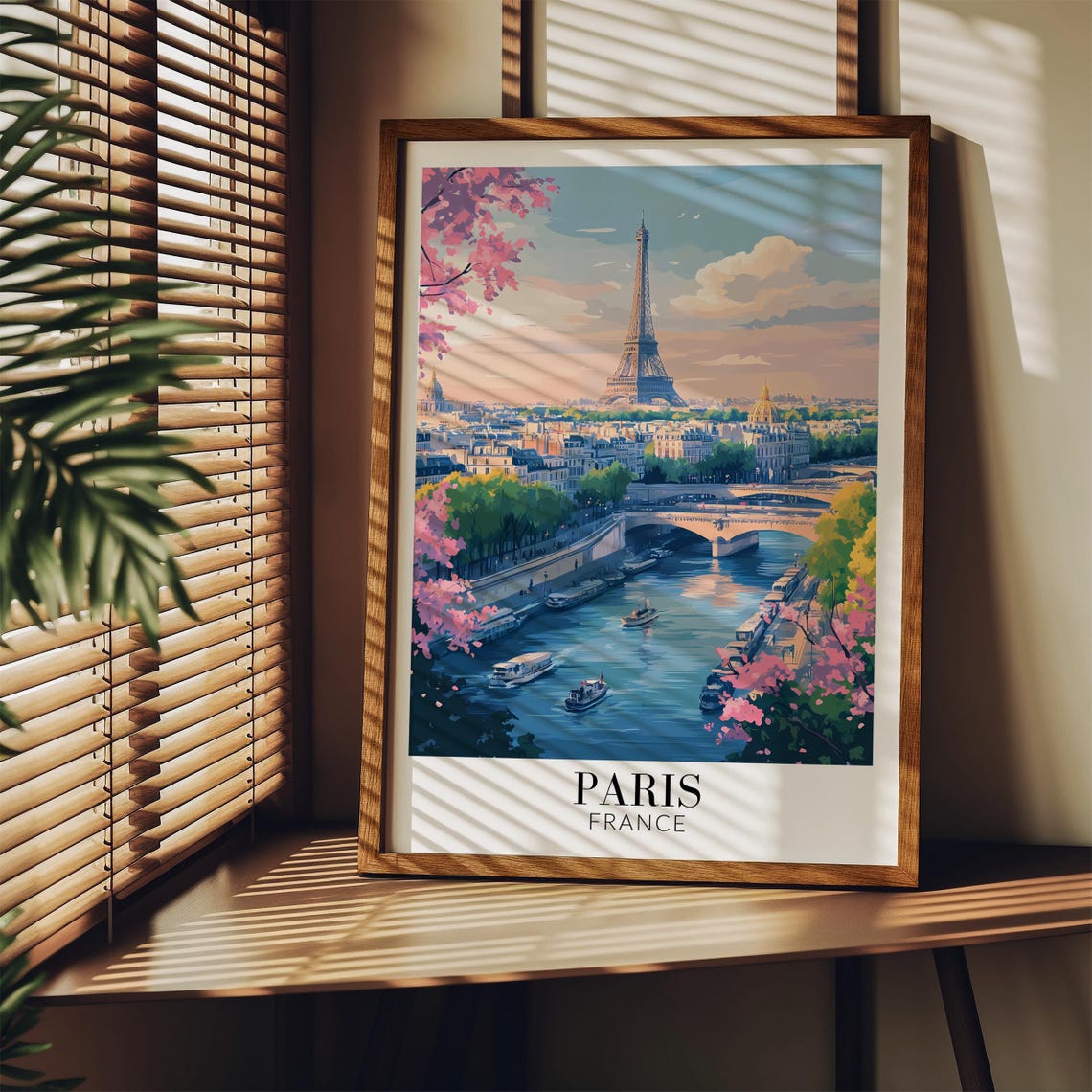 Paris Eiffel Tower Seine Pink Blossom Boats Spring Travel Poster - Image 3