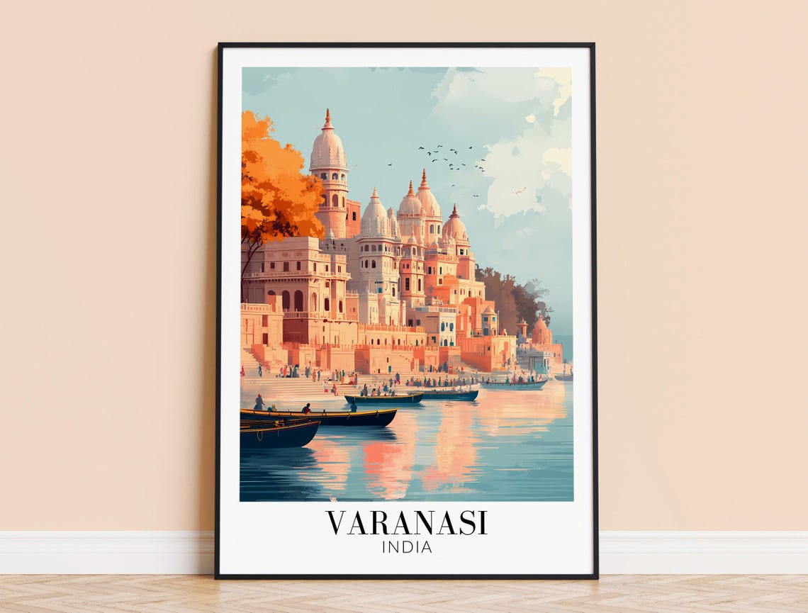 Varanasi India Daytime Ghats Temple Skyline Vintage Travel Poster