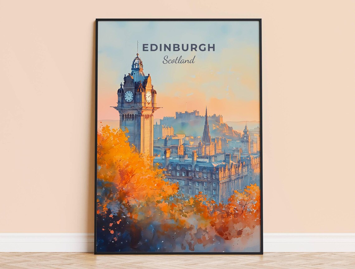 Edinburgh Watercolor Travel Poster, Scotland City View