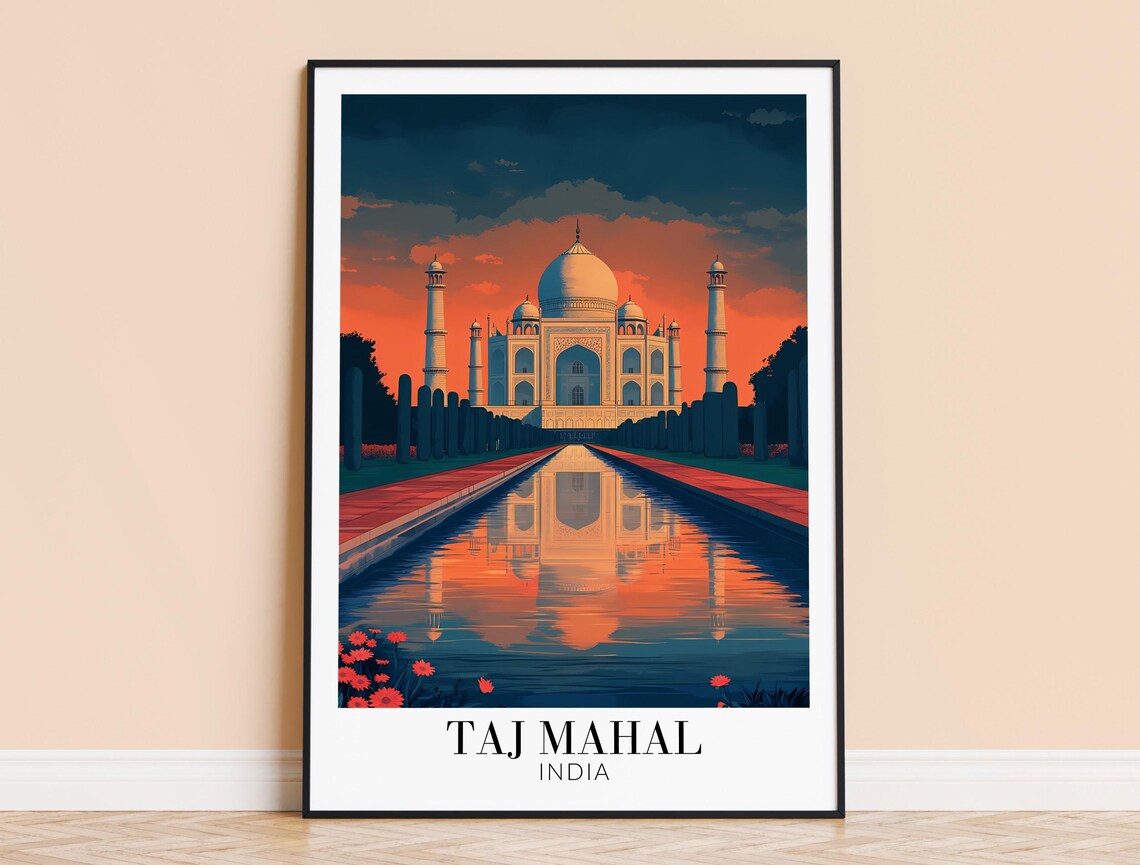 Taj Mahal Fiery Sunset Sky Mirror Reflection Gardens India Poster