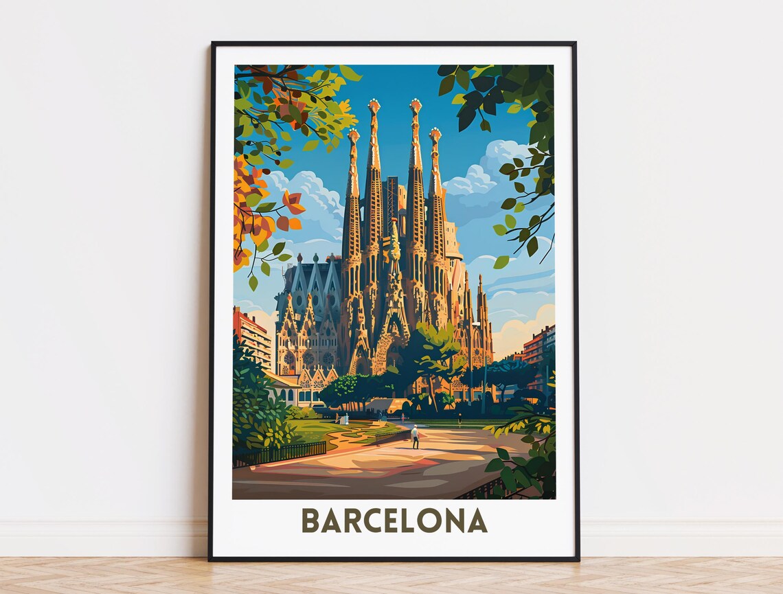 Barcelona Travel Poster, Spanish Cityscape Art