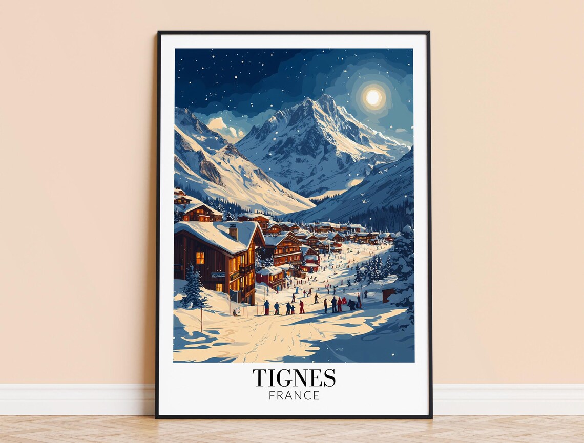 Tignes France Moonlit Snowy Village Winter Night Travel Poster