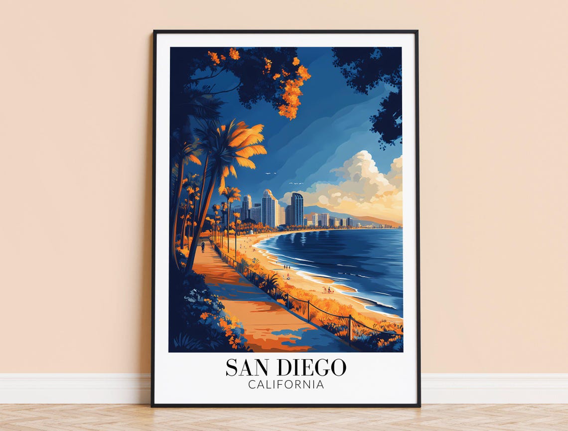San Diego California Sunset Beach Boardwalk Palms Travel Poster