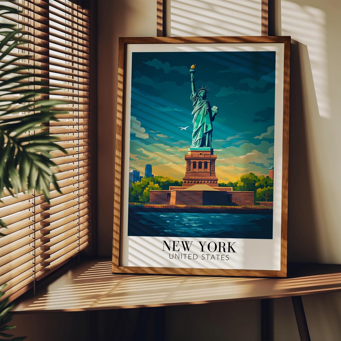 New York Statue of Liberty Harbor Sunset Iconic Travel Poster - Image 3