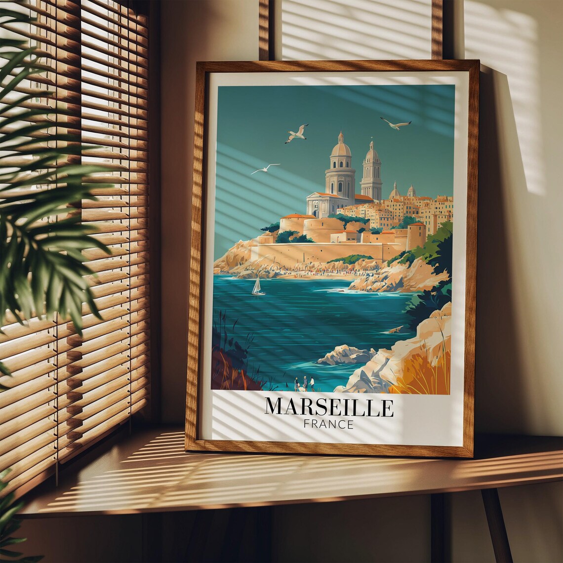 Marseille France Coastal Cliffs Sailboat Hilltop Church Travel Poster - Image 2
