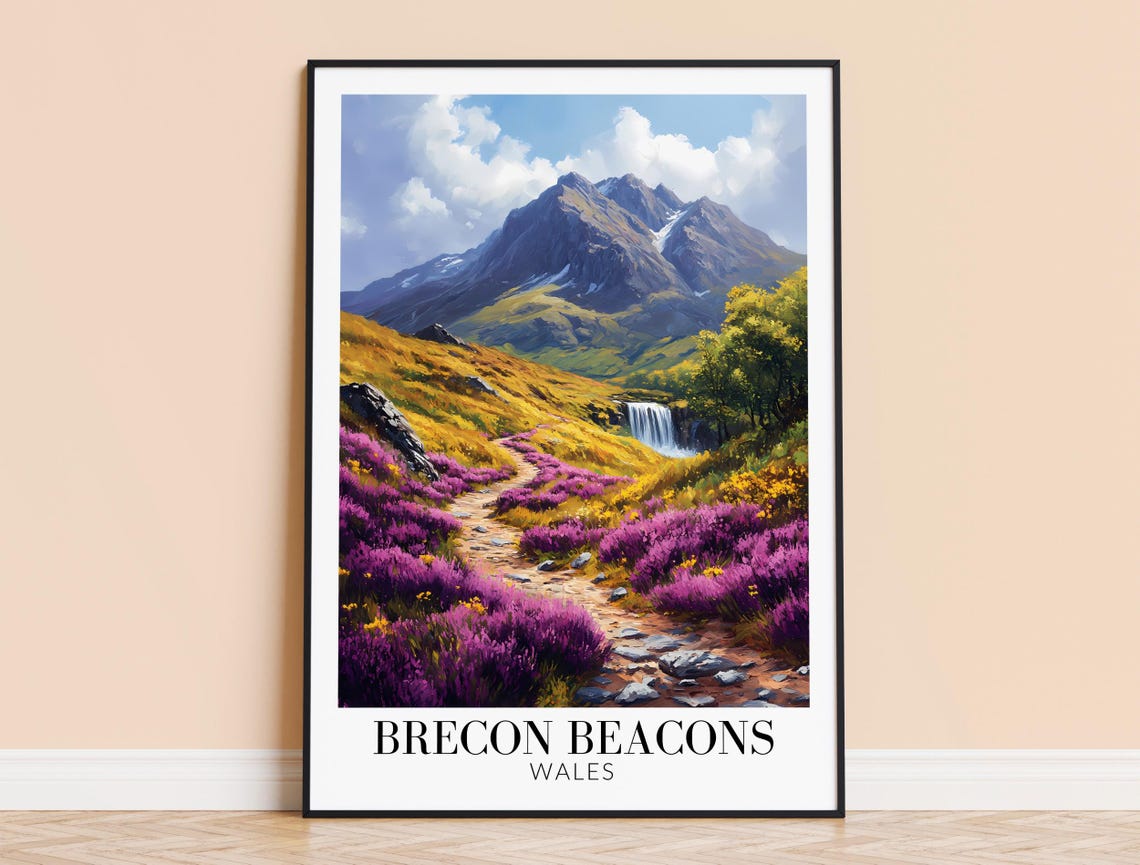 Brecon Beacons Wales Purple Heather Mountain Waterfall Poster