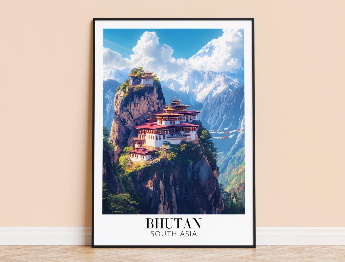 Bhutan Tigers Nest Cliffside Monastery Himalayan Peaks Travel Poster