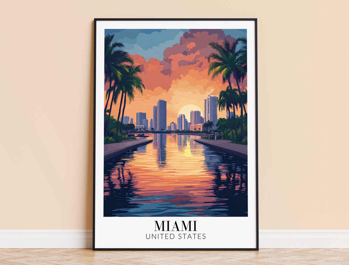 Miami Sunset Skyline Palm Trees Waterfront Vintage Travel Poster