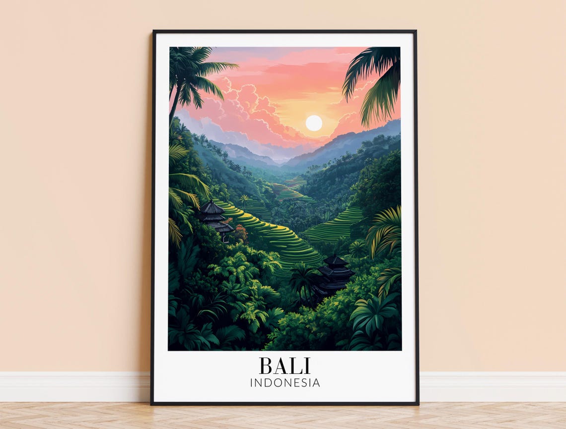Bali Rice Terraces Sunset Jungle Temples Pink Sky Indonesia Poster