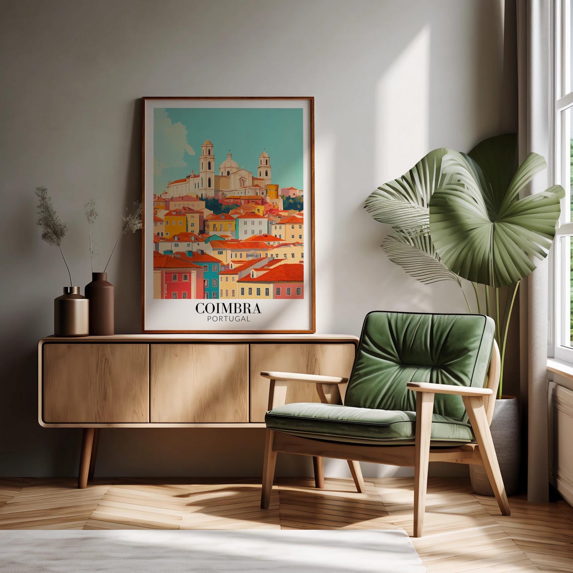 Coimbra Portugal Old Town Hilltop Cathedral Teal Sky Travel Poster - Image 2