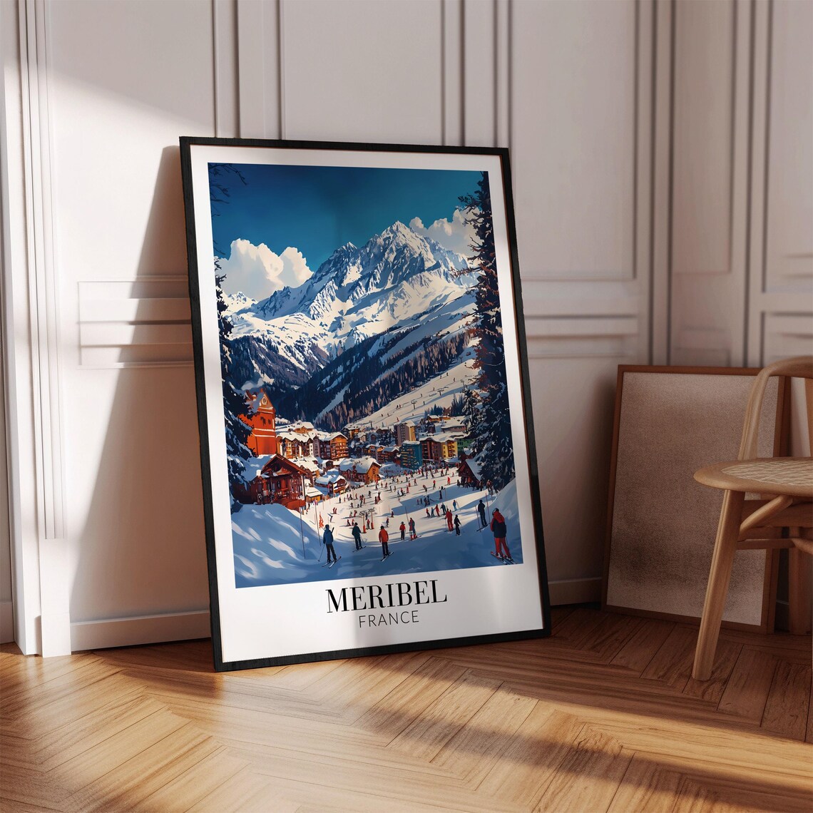 Meribel France Busy Ski Village Under Blue Peaks Travel Poster - Image 4