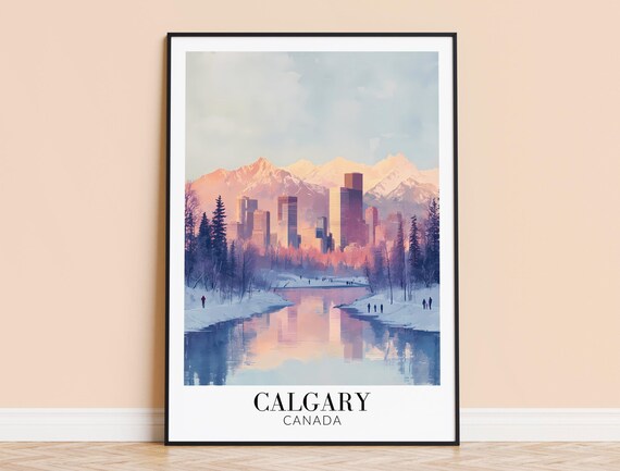 Calgary Canada Winter Snowy River Skyline Evening Travel Poster