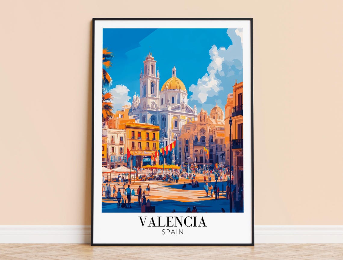Valencia Spain Old Town Cathedral Plaza Festival Day Travel Poster