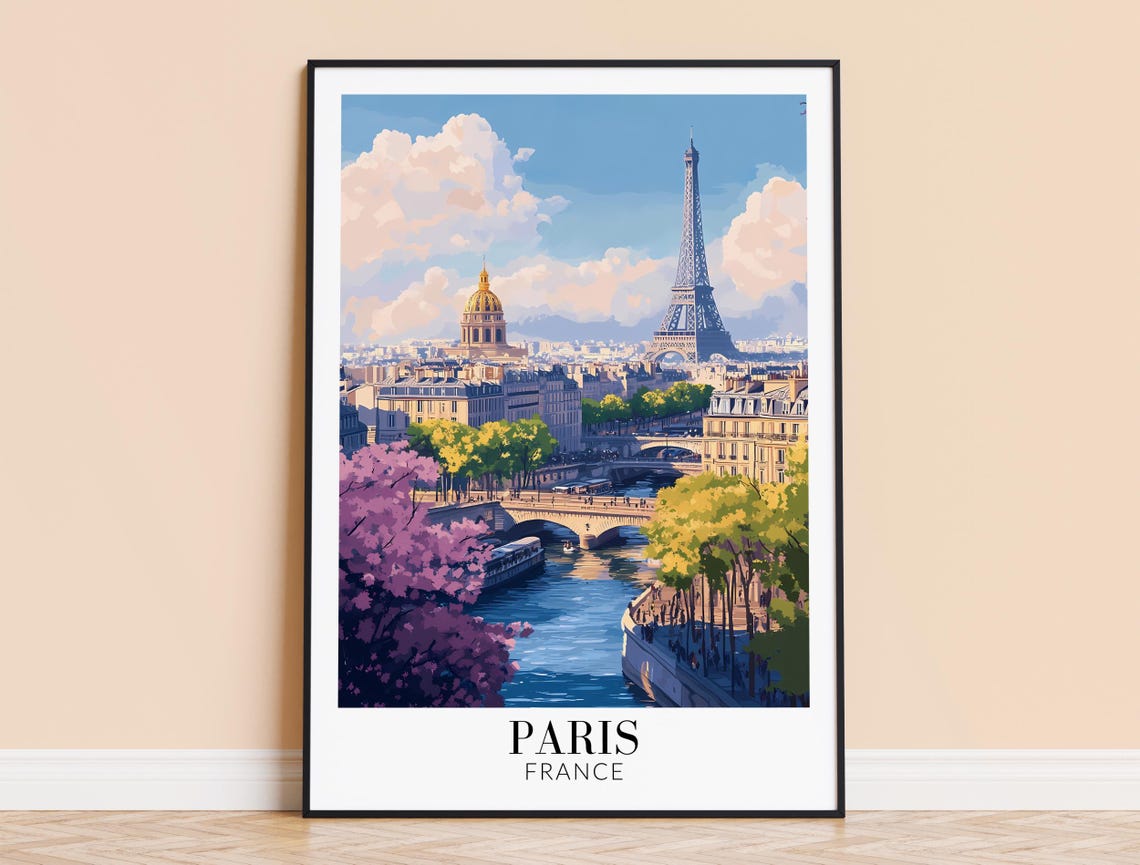 Paris Eiffel Tower Seine Les Invalides Spring Blossom Travel Poster