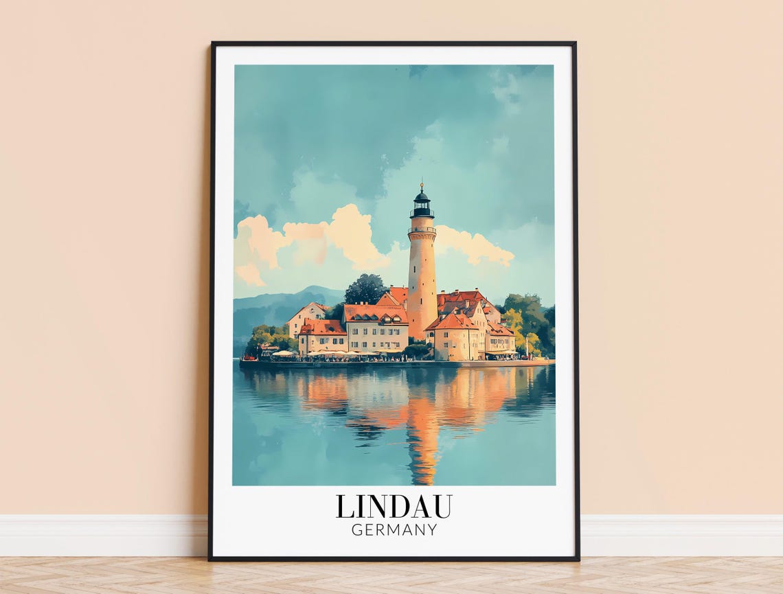 Lindau Germany Historic Harbor Lighthouse Vintage Travel Poster