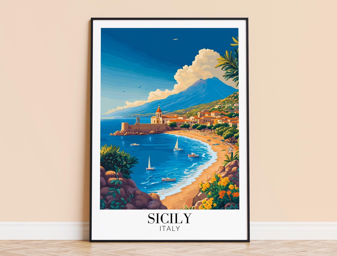 Sicily Coastal Fishing Town Church Beach Sailboats Travel Poster