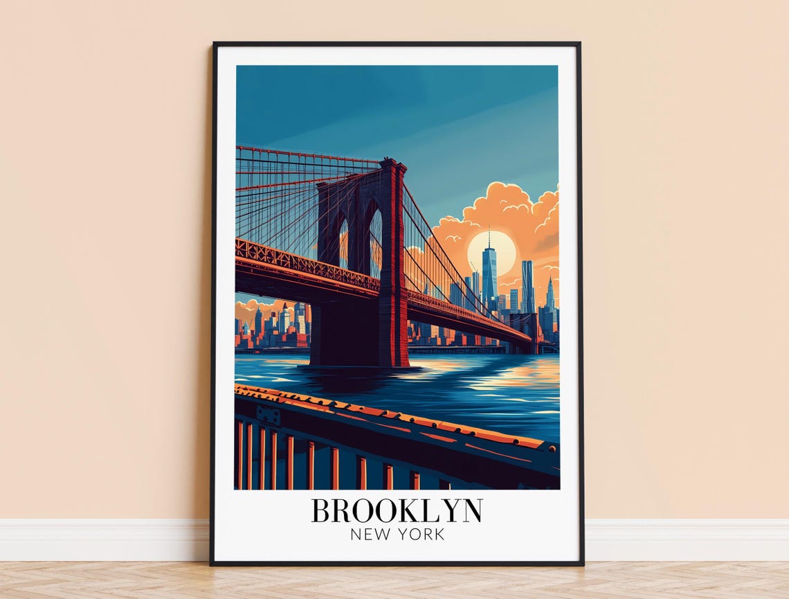 New York Brooklyn Bridge Sunset River Skyline View Travel Poster