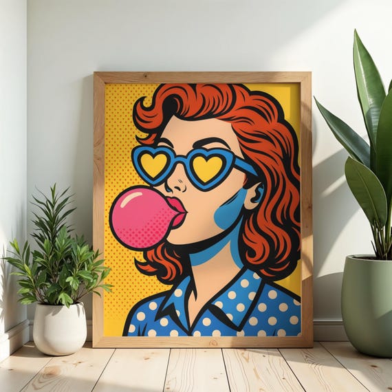 Retro Pop Art Woman Print Colorful Bubble Gum