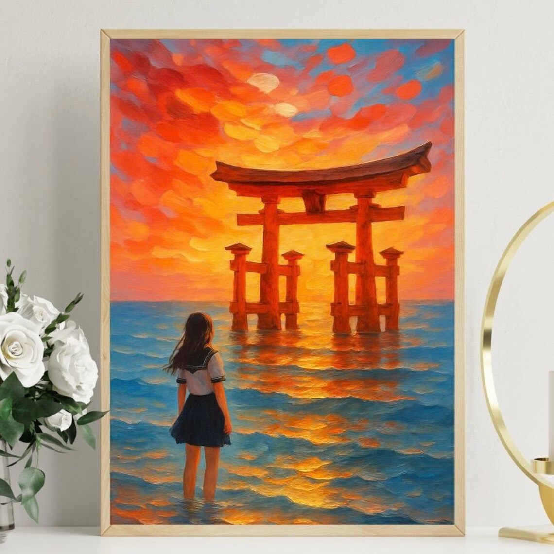 Japanese Sunset Torii Gate Anime Girl Ocean Landscape Poster