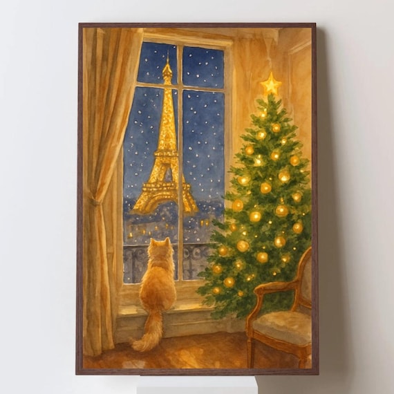 Christmas in Paris Cat Eiffel Tower Window Holiday Tree Art Poster