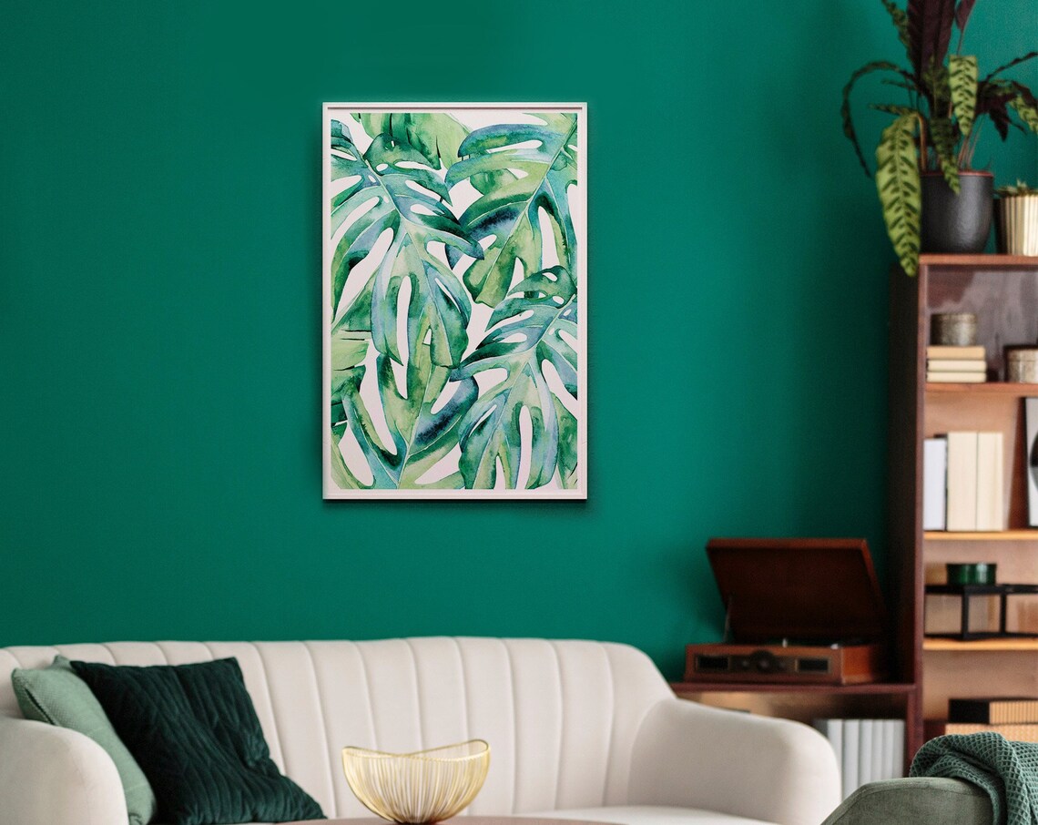Monstera Leaf Watercolor Art Print, Teal Green