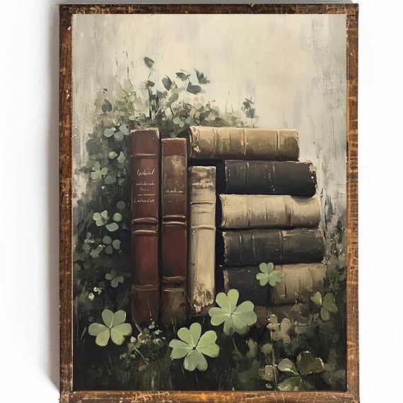 Stack Of Old Books With Shamrocks Vintage Bookish Green Poster