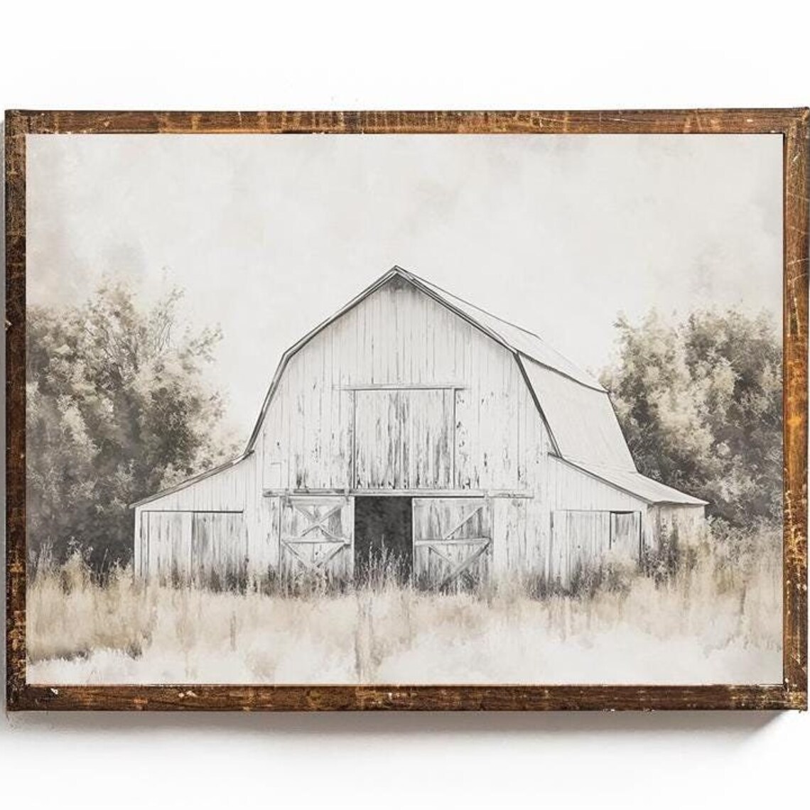White Barn In Neutral Watercolor Farmhouse Style Country Poster
