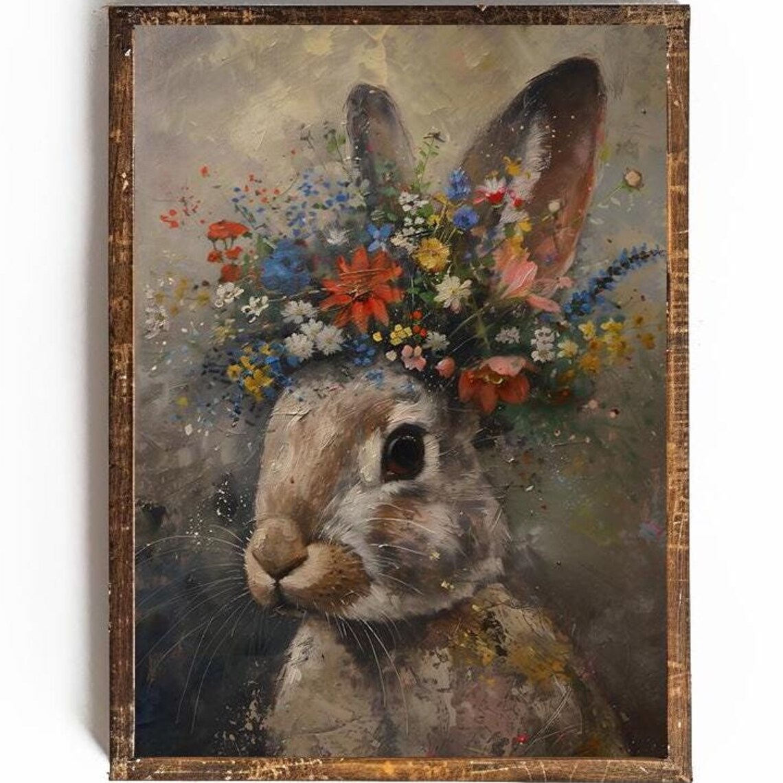 Rabbit Portrait Wearing Wildflower Crown Vintage Bunny Art Poster