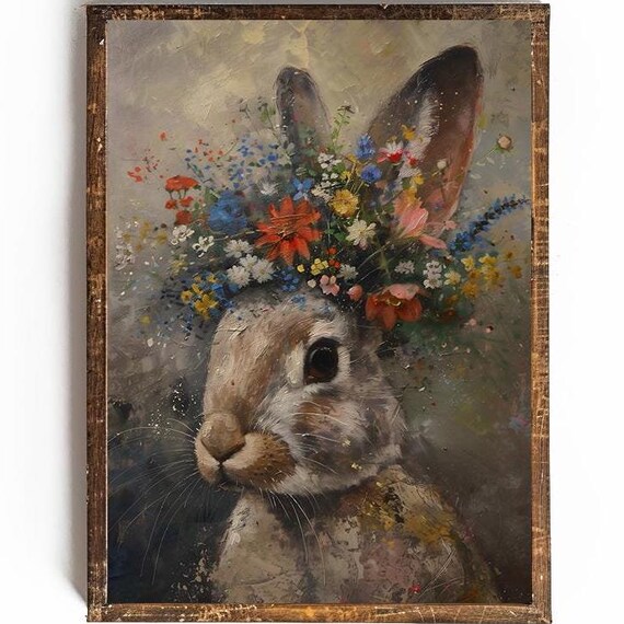 Rabbit Portrait Wearing Wildflower Crown Vintage Bunny Art Poster