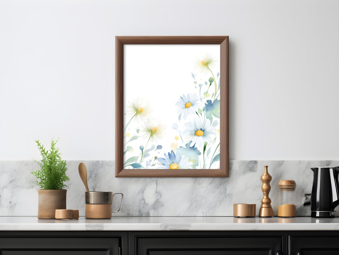 Soft Blue Watercolor Daisies Botanical Floral Painting Art Poster