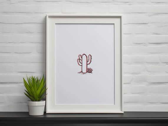 Minimalist Glitchy Cactus Line Drawing Modern Desert Art Poster
