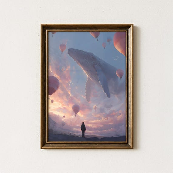 Quirky Surreal Whale Poster Dreamy Fantasy Animal Wall Art Print For Bedroom Pastel Decor Ocean Themed Nautical