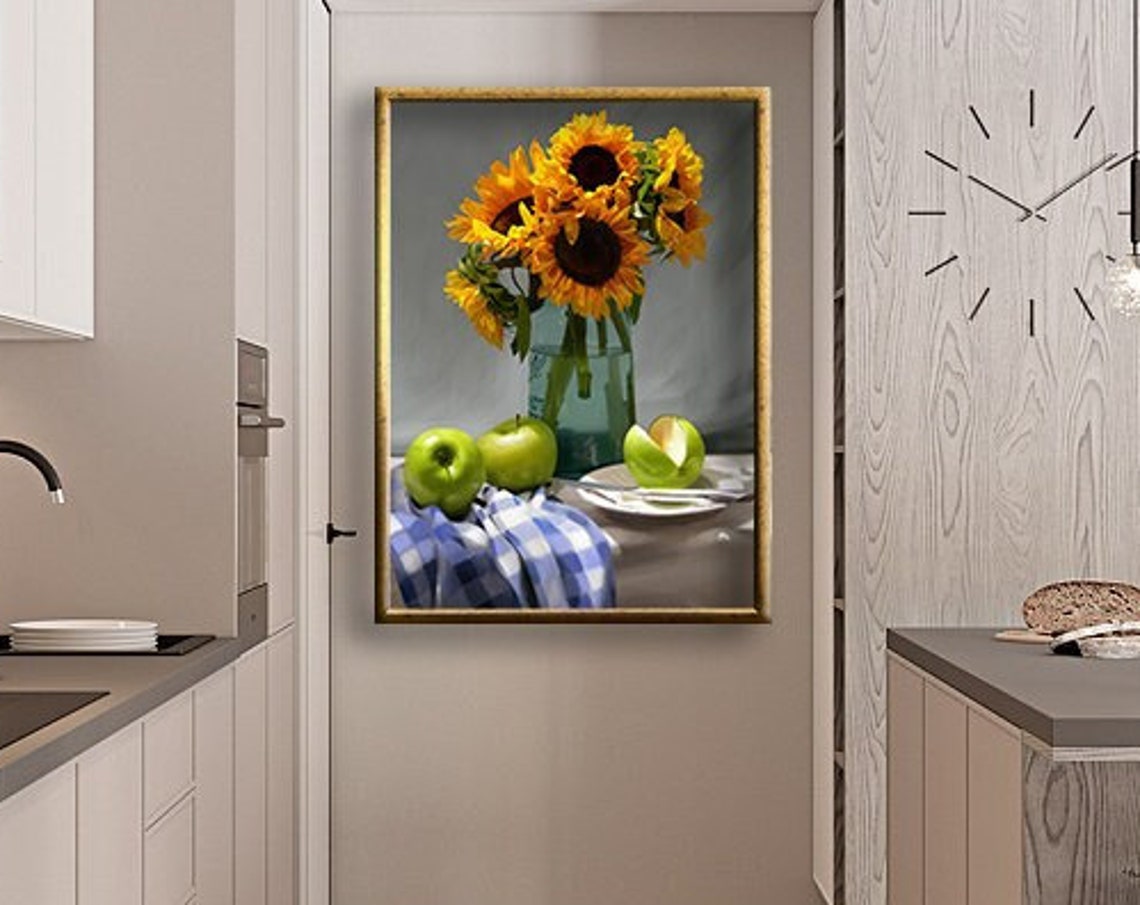 Sunflowers Green Apples Still Life Nostalgic Kitchen Painting Poster