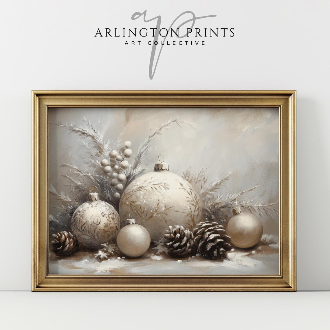 White Champagne Ornaments Pinecones Frosted Ferns Still Life Poster