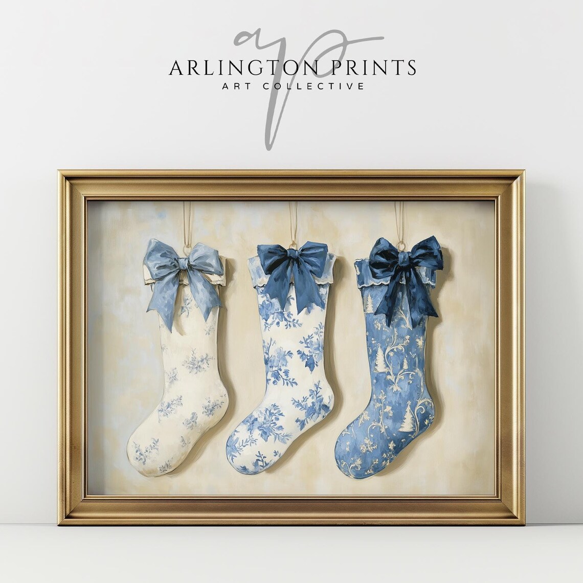 Blue Floral Christmas Stockings Vintage Holiday Painting Wall Art