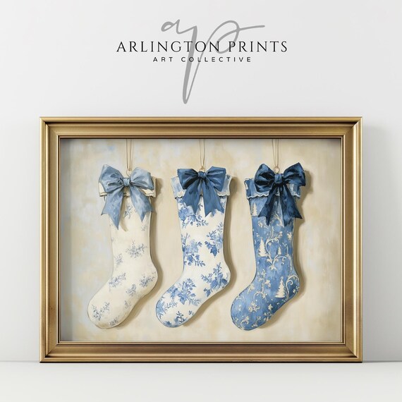 Blue Floral Christmas Stockings Vintage Holiday Painting Wall Art