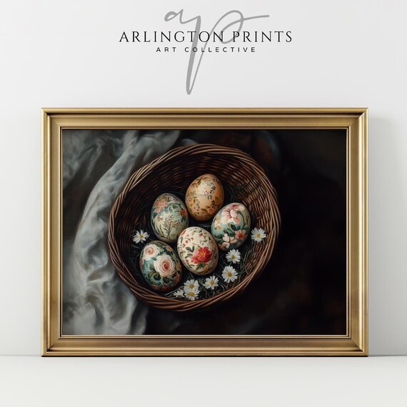 Floral Easter Eggs Basket Daisies Dark Moody Spring Art Print