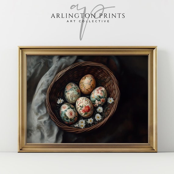 Moody Vintage Floral Easter Basket Print Spring Art Farmhouse Easter Egg Decor Dark Cottagecore Wall Art Spring Home Decor