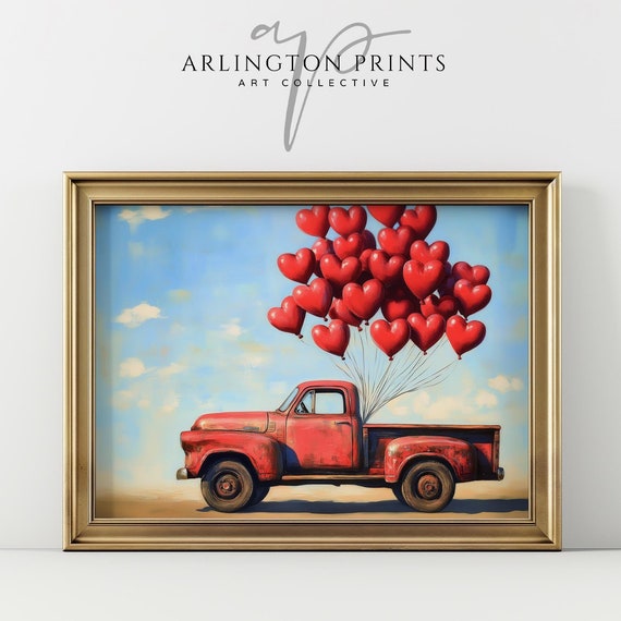 Cute Vintage Red Valentine Truck Print Cars Nursery Wall Art Cute Red Heart Decor Heart Balloons Valentines Day Prints