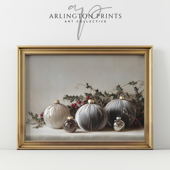 Vintage Gray Velvet Christmas Ornaments Painting Holiday Wall Art Moody Classic Christmas Cottagecore Farmhouse Home Decor