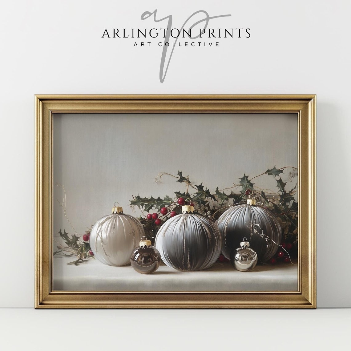 Gray Silver Christmas Baubles Holly Moody Elegant Holiday Wall Print