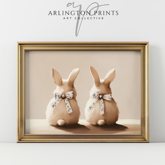 Two Bunny Rabbits Blue Floral Bows Cute Nursery Animal Print