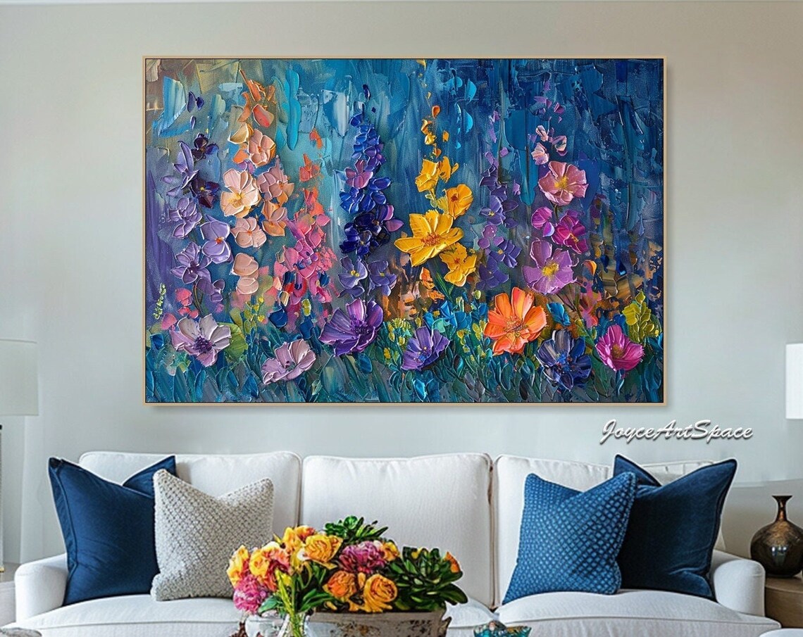Colorful Wildflowers Deep Blue Textured 3D Floral Oil Painting Poster