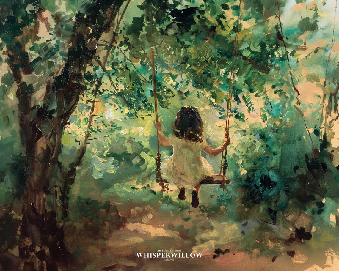 Little Girl on a Tree Swing in a Sunlit Forest Painting Poster - Image 6