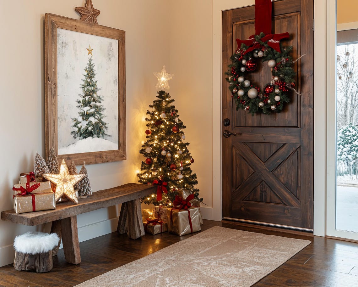 Snowy Christmas Tree Gold Star Topper Twinkle Lights Minimalist Poster - Image 3