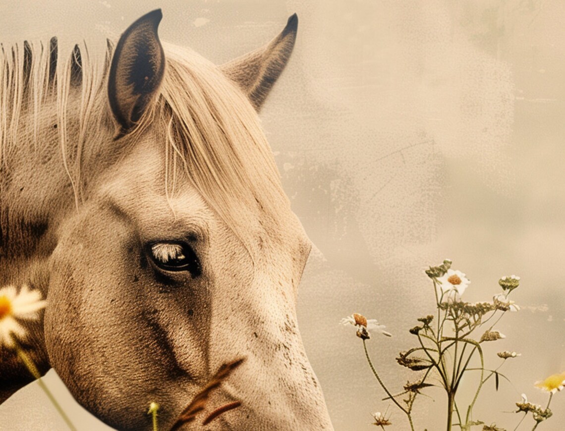 Graceful White Horse Grazing Among Wildflowers in Soft Beige Poster - Image 6