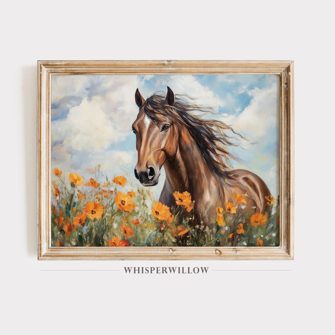 Majestic Brown Horse Orange Poppies Field Sunny Meadow Painting Poster