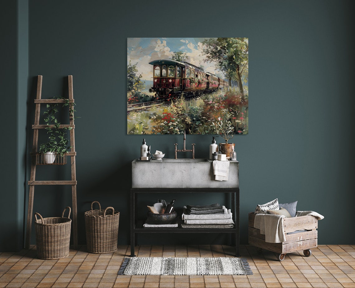 Red Vintage Passenger Train Through Wildflower Field Summer Poster - Image 3
